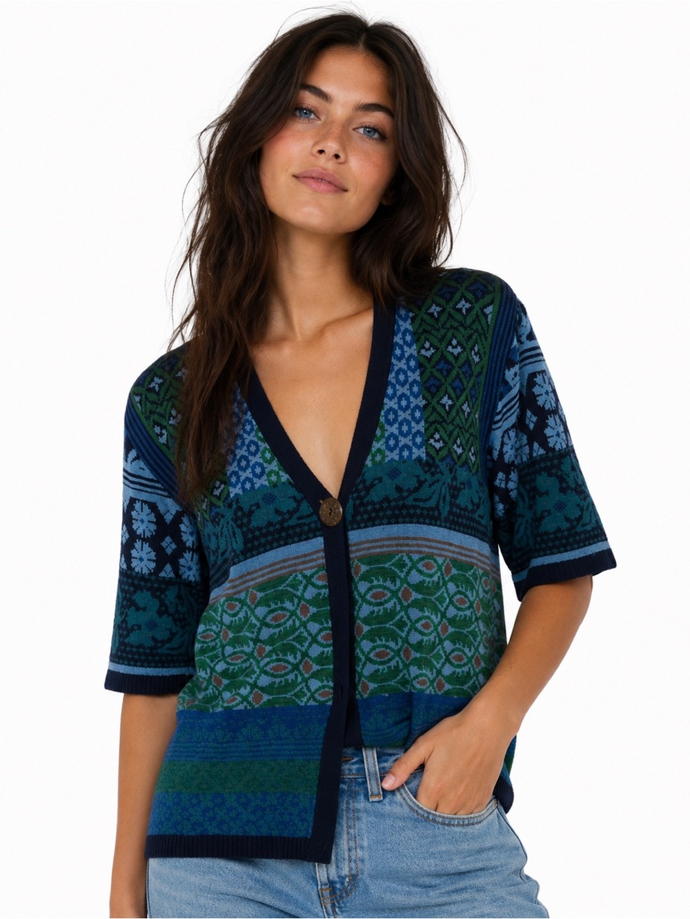 Coldwater Creek USA Mixed Pattern Cardigan Blue Green Rayon Knit Boho Sweater